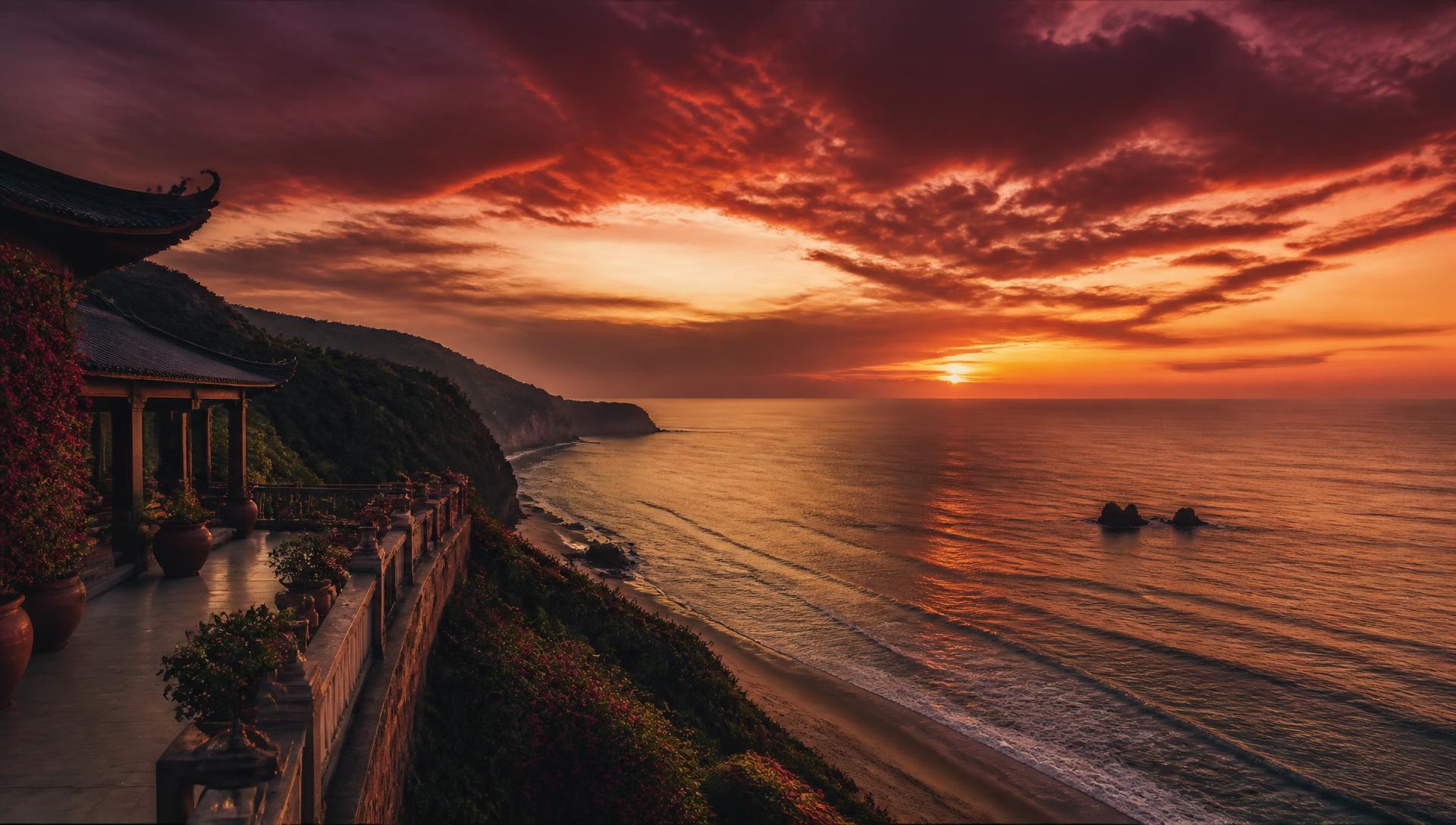 Sunset over an Asian coastline