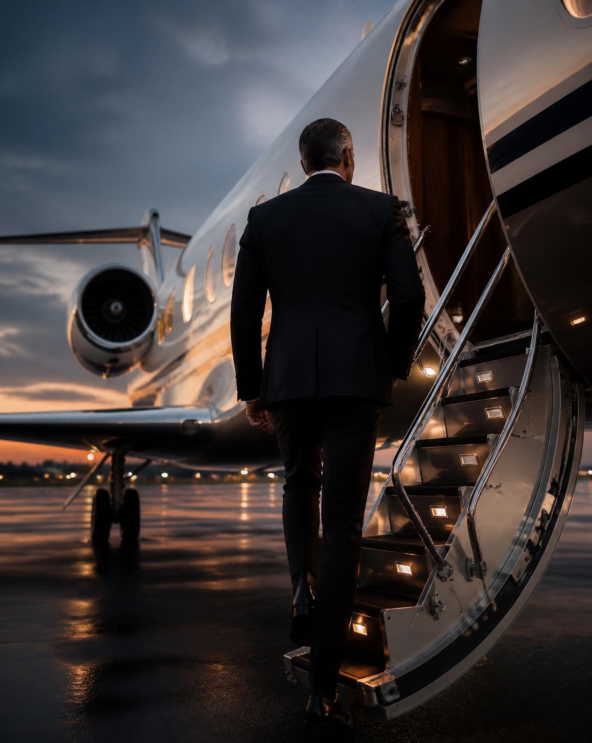 A man in a tailored suit boarding a private jet at dusk